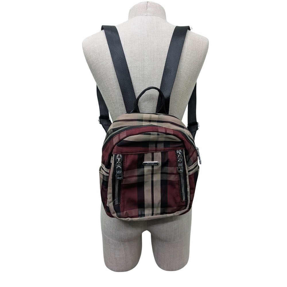 Benodetti YUESITE Creations Mini Backpack Plaid Burgundy Tan Nylon Travel Bag